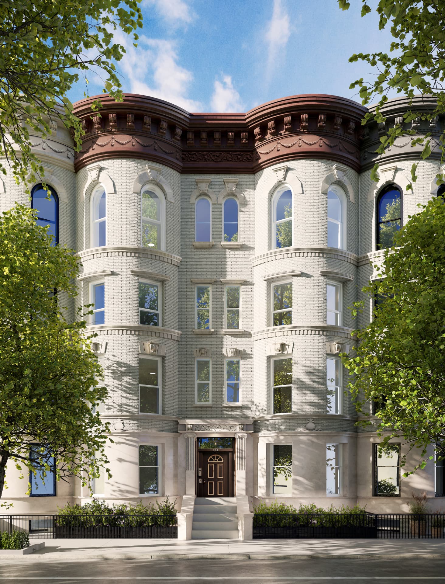 The restored bay-fronted facade of The Ivonne at 444 15th Street in Park Slope