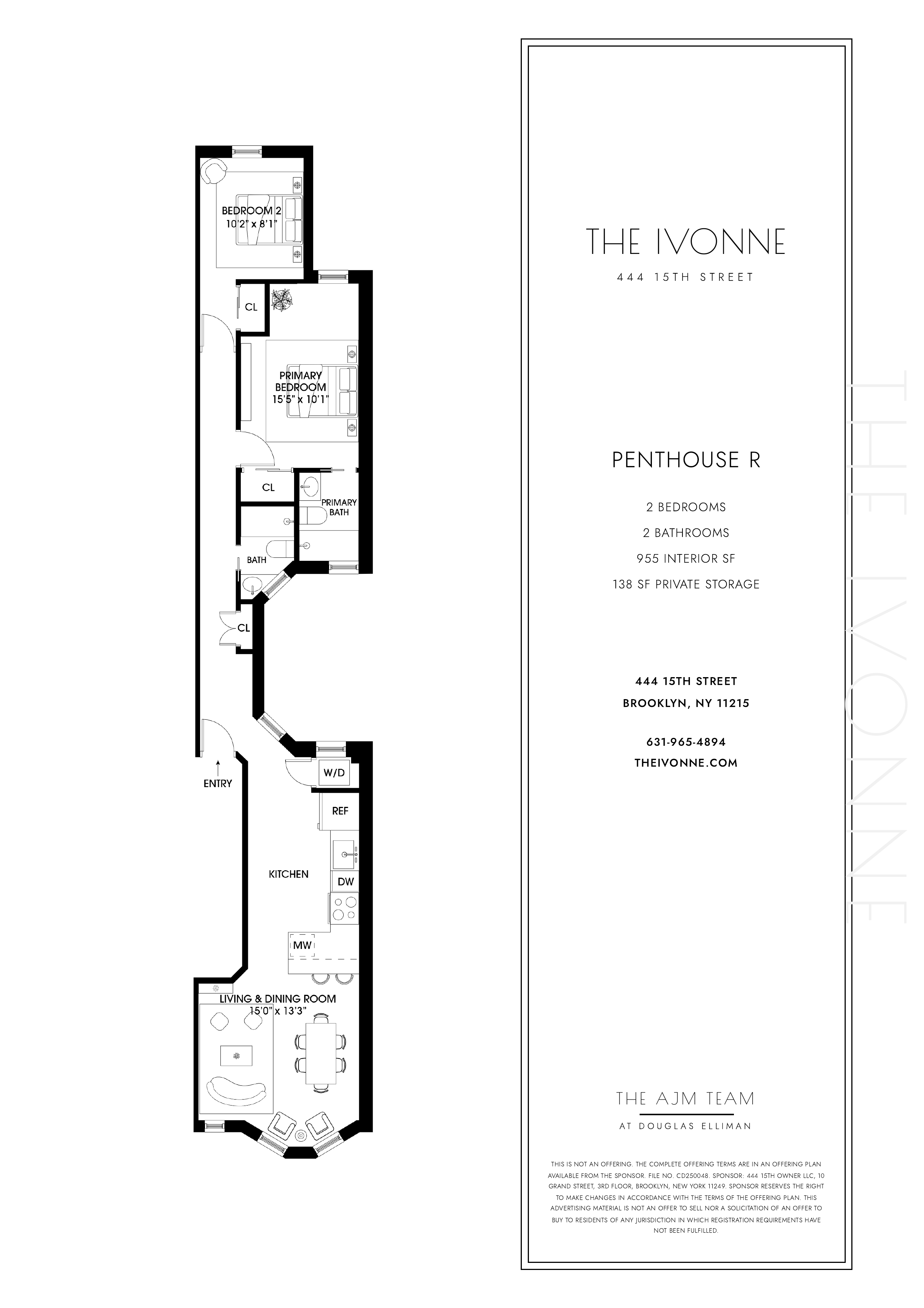Floor plan of Penthouse R at The Ivonne, a two-bedroom Park Slope condominium